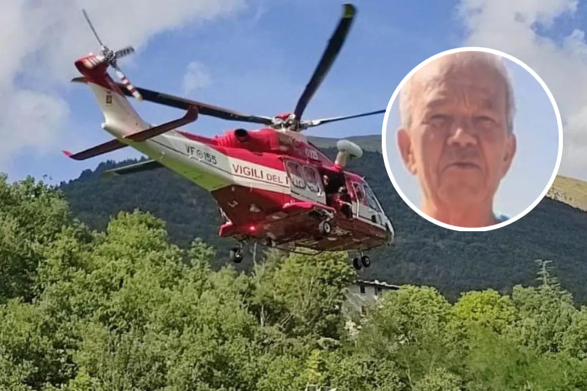 L'elicottero dei vigili de fuoco e, nel tondo, Franco Demelas