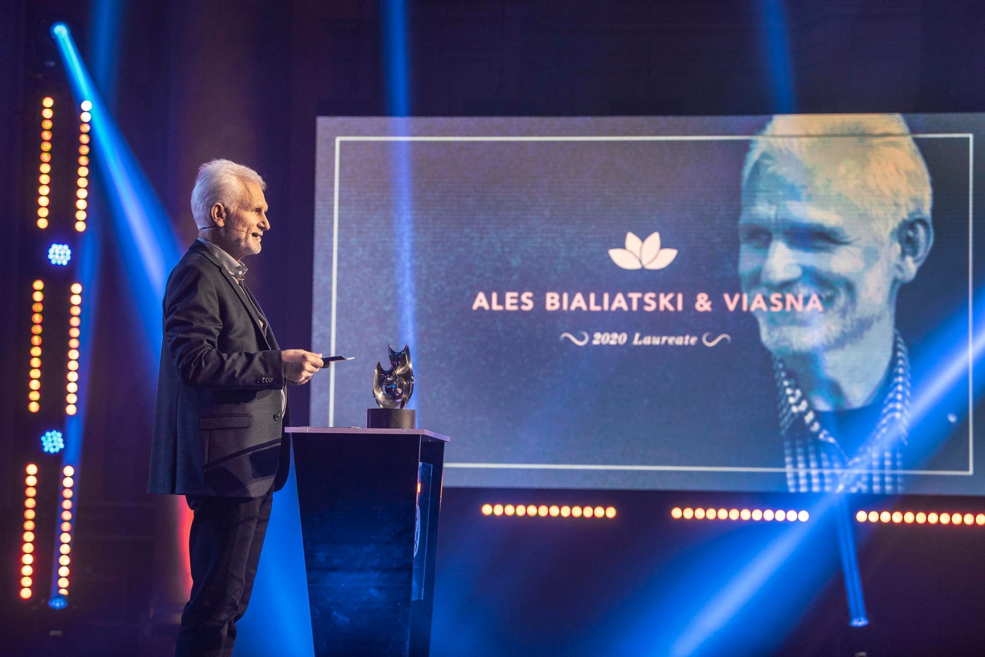 Belarusian Democracy activist of Human Rights organization Vjasna Ales Bialiatski speaks after receiving the 2020 Right Livelihood Award in Stockholm, Sweden, 03 December 2020. Bialiatski was the only one of four prize winners, including Iranian human rights lawyer Nasrin Sotoudeh, US lawyer and activist Bryan Stevenson and Nicaraguan lawyer Lottie Cunningham Wren, to be present in Stockholm for the digital award ceremony. ANSA/ANDERS WIKLUND SWEDEN OUT