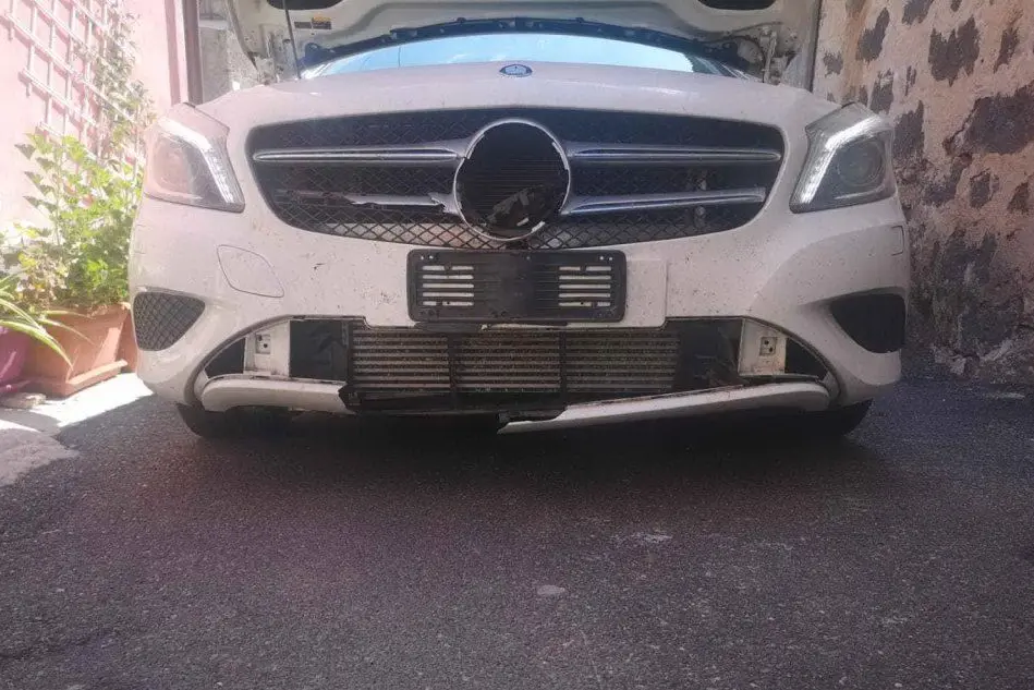 L’auto danneggiata dal cinghiale (foto L'Unione Sarda - Sanna)