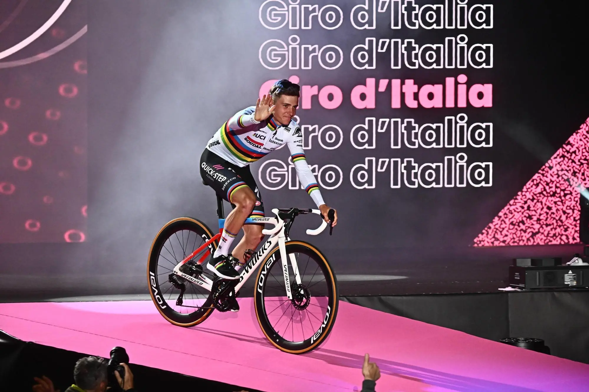 Remco Evenepoel rider of Soudal-QuickStep during the team presentation for the 2023 Giro d'Italia cycling race in Pescara, Italy, 04 May 2023. The 106rd edition of the Giro d'Italia will take place from 06 through 28 May 2023. ANSA/LUCA ZENNARO