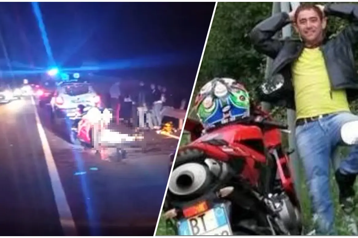 Il luogo dell'inicdente e, a destra, la vittima con la sua moto (L'Unione Sarda)
