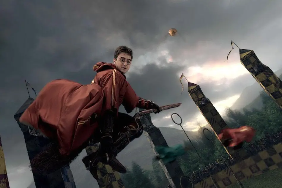 Harry Potter e il gioco del Quidditch nella scena di un film
