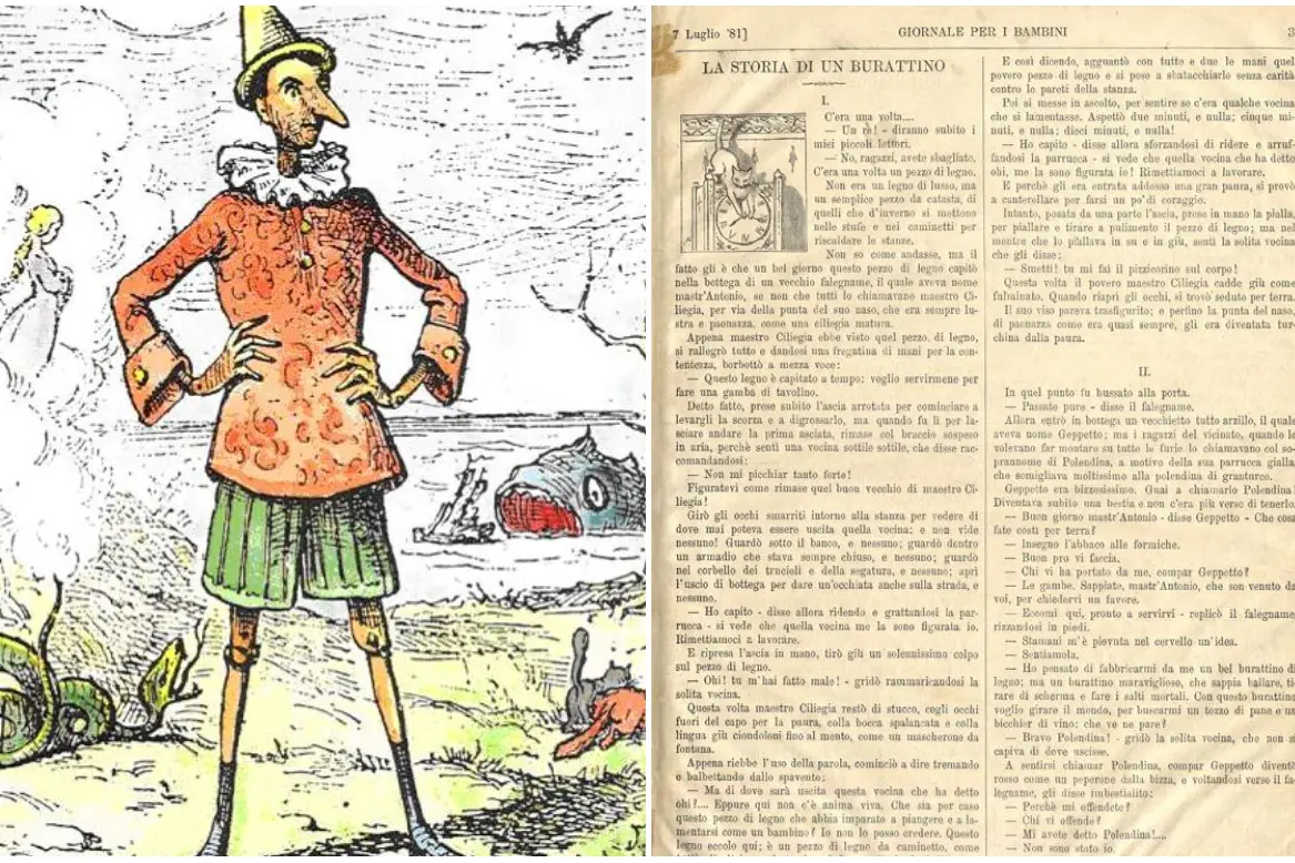 Un disegno di Pinocchio, a destra la pubblicazione del 7 luglio 1881 (foto Wikipedia)