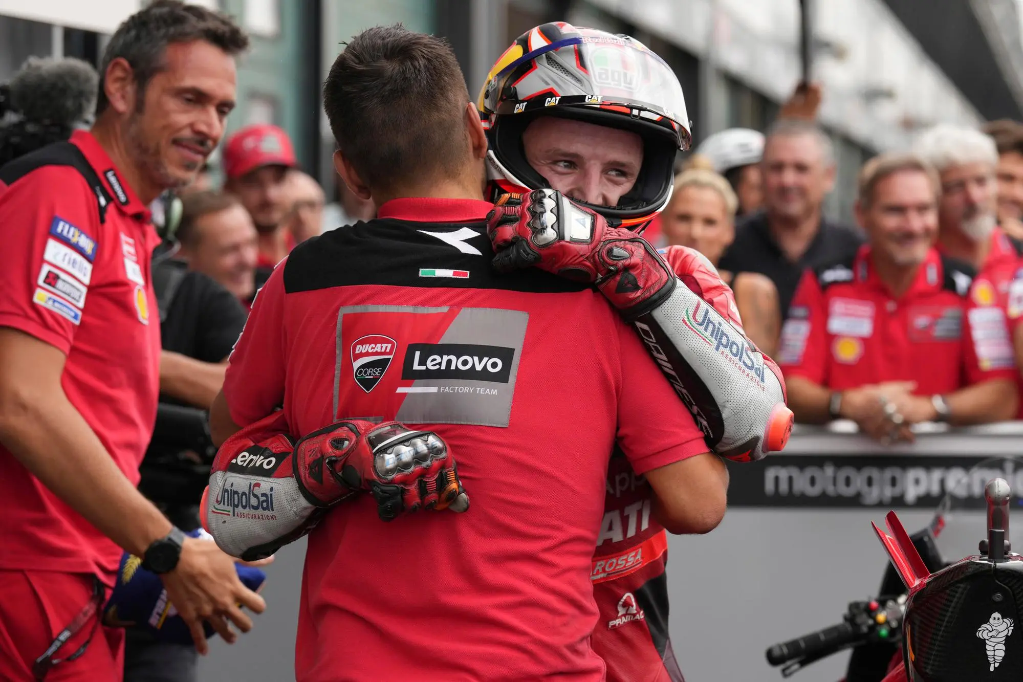 Jack Miller of Australia and Ducati Lenovo Team celebrate the best time scored during qualify of the MotoGP Of San Marino at Marco Simoncelli Circuit on September 3 2022 in Misano Adriatico, Italy. ANSA/DANILO DI GIOVANNI