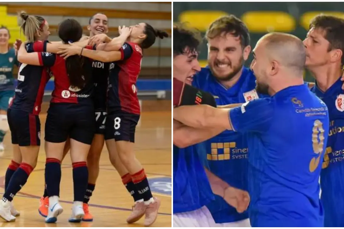 Calcio a 5, a sinistra il Cagliari femminile di serie A. A destra il Quartu maschile, serie A2 (Archivio L'Unione Sarda)