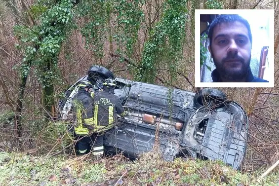 L'auto di Gian Pietro Chessa (nel riquadro) nel dirupo