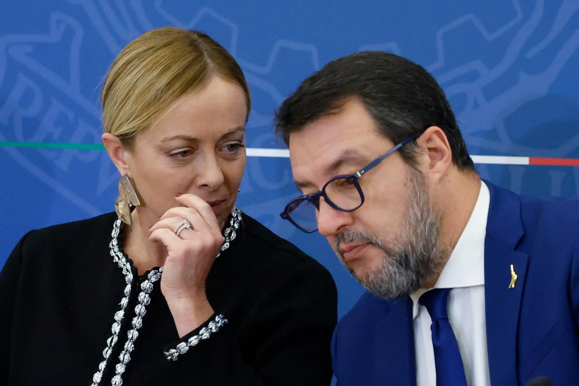 (L-R) Italian Prime Minister Giorgia Meloni and Italian Minister for Infrastructure and Deputy Prime Minister Matteo Salvini during a press conference at the end of a meeting of the council of ministers, Rome 3 November 2023. ANSA/FABIO FRUSTACI