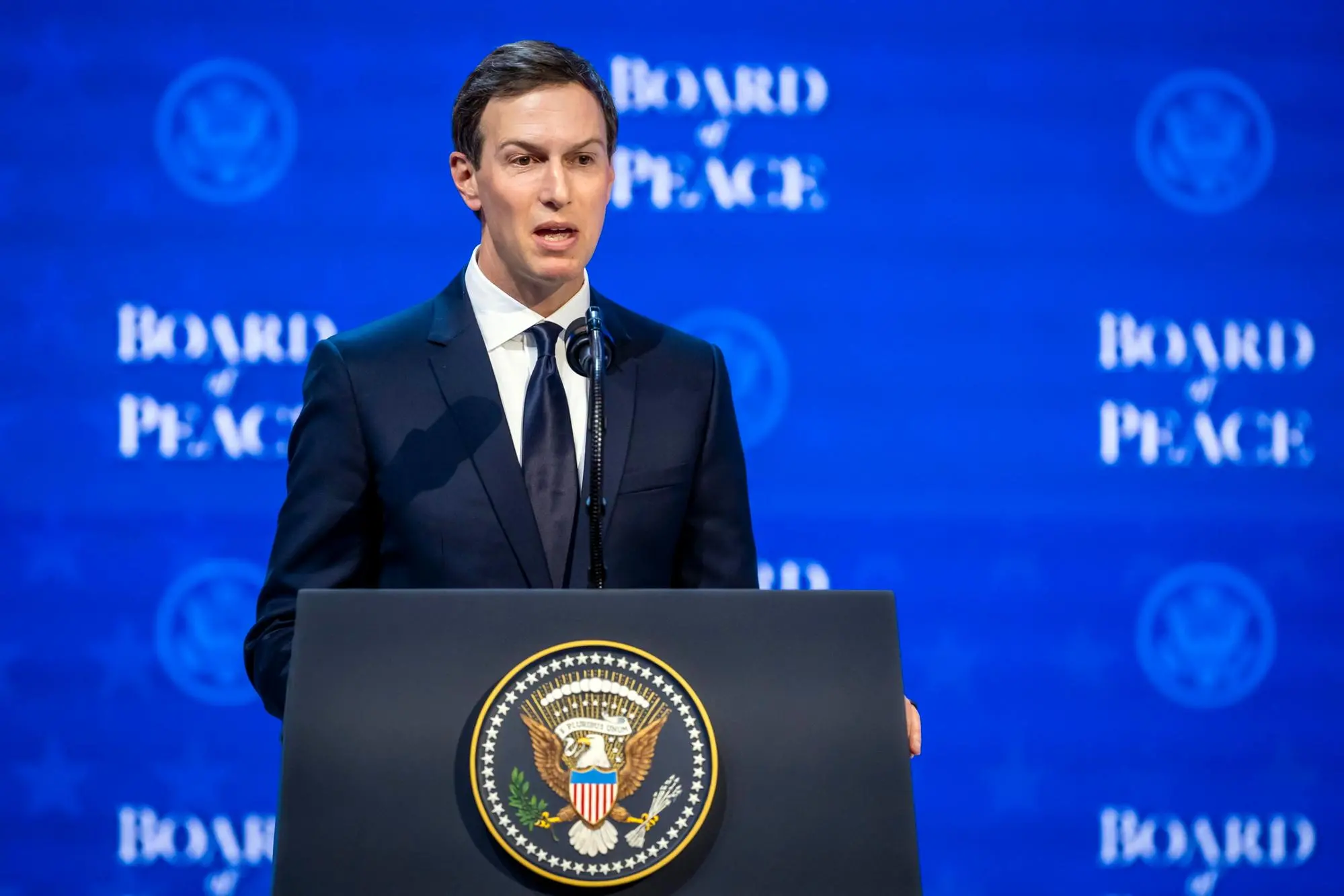epa12670609 Jared Kushner speaks the signing of the founding charter at the "Board of Peace" during the 56th annual meeting of the World Economic Forum (WEF), in Davos, Switzerland, 22 January 2026. The 2026 summit, running from 19 to 23 January and held under the theme 'A Spirit of Dialogue,' brings together global political leaders, corporate executives, and scientists to address international challenges. EPA/GIAN EHRENZELLER