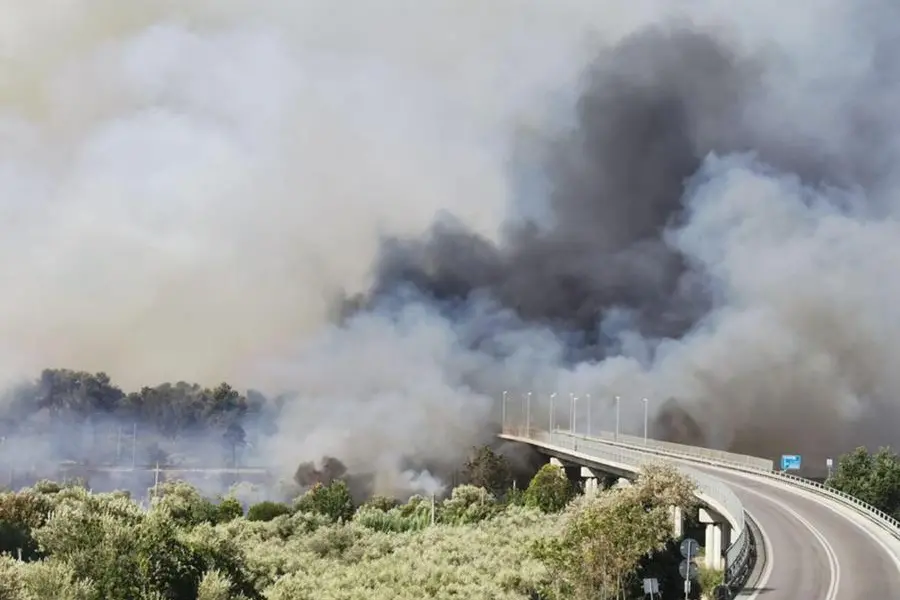 La zona dell'autostrada A14 nel tratto pescarese durante il vasto incendio (Ansa)