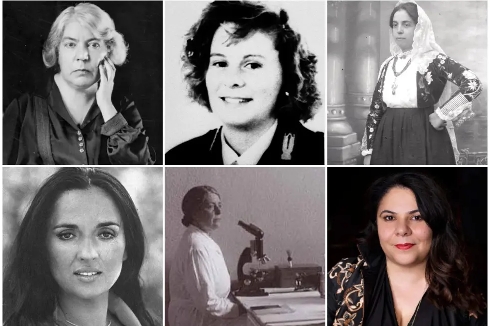 Dall'alto a sinistra, in senso orario: Grazia Deledda, Emanuela Loi, Ninetta Bartoli, Michela Murgia, Adelasia Cocco e Maria Carta