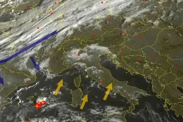 La situazione meteo: visibile la grossa perturbazione in arrivo sulla Sardegna