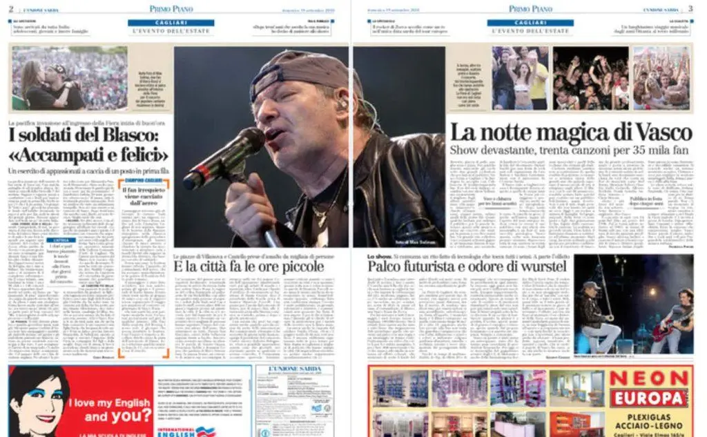 Due pagine su L'Unione Sarda, dedicate al concerto del 18 settembre 2010