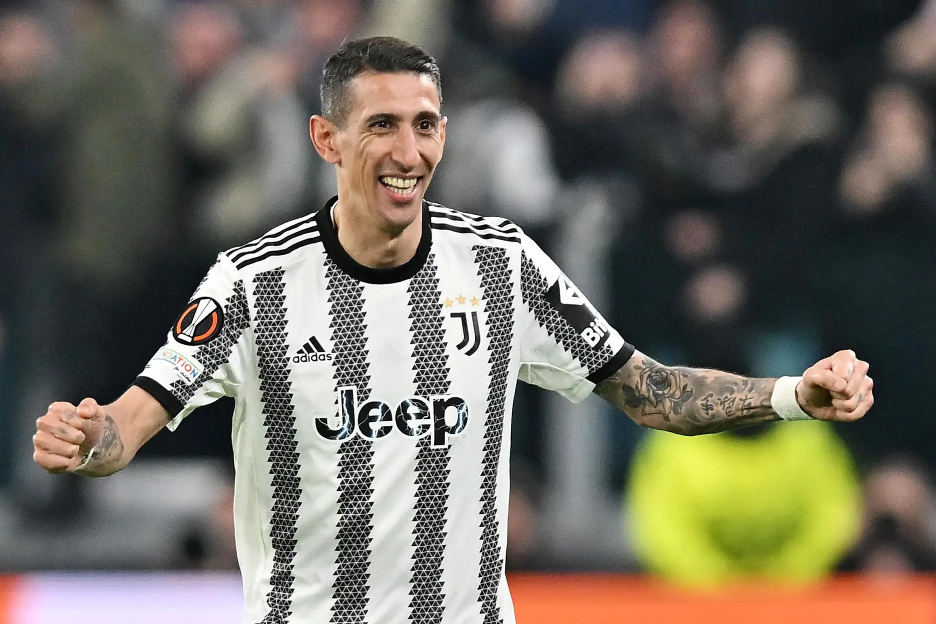 Juventus' Angel Di Maria jubilates after scoring the gol (1-0) during the UEFA Europa League round of 16 match Juventus FC vs SC Freiburg at the Allianz Stadium in Turin, Italy, 9 march 2023 ANSA/ALESSANDRO DI MARCO