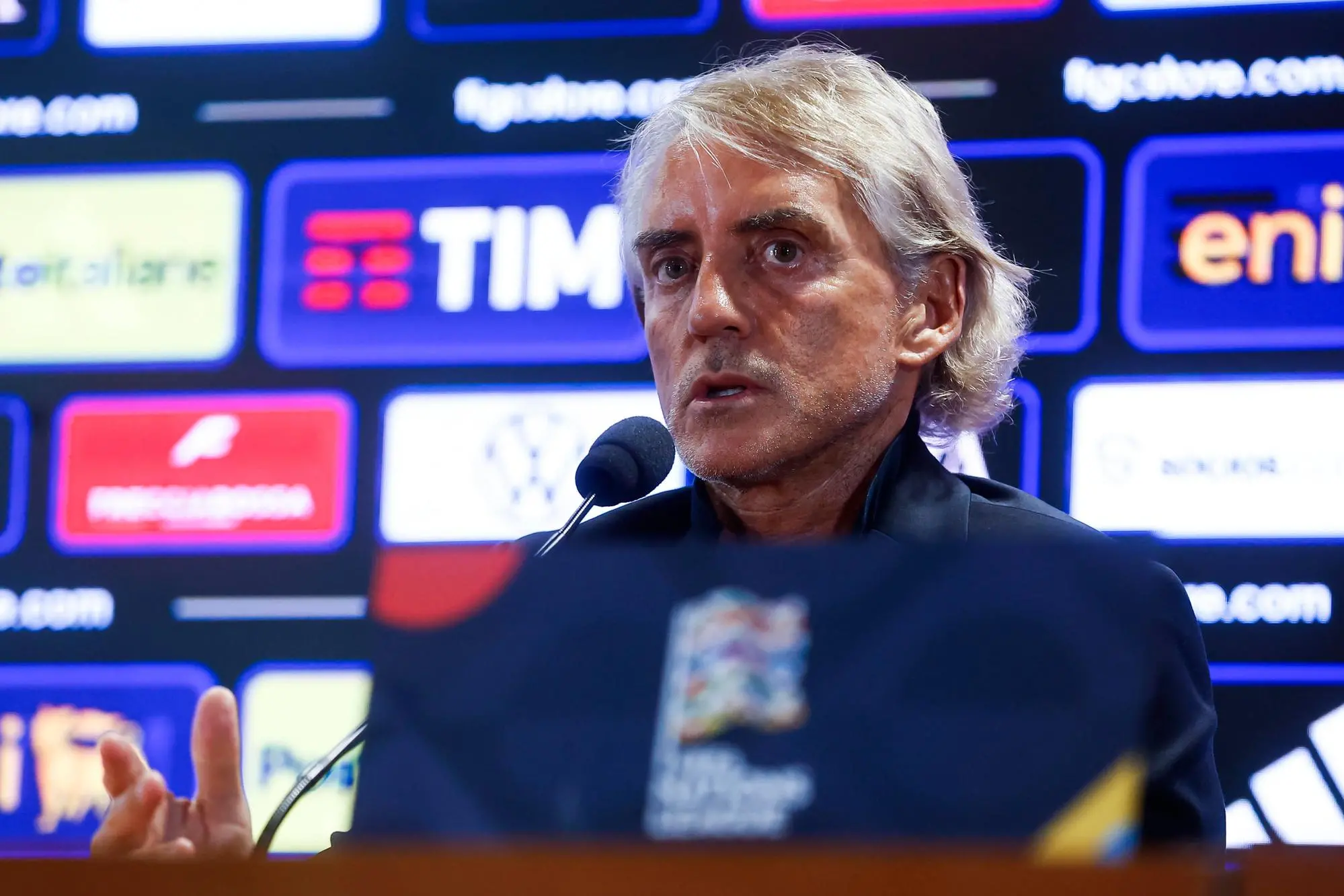 Roberto Mancini in conferenza stampa alla vigilia di Italia-Belgio (foto ANSA)