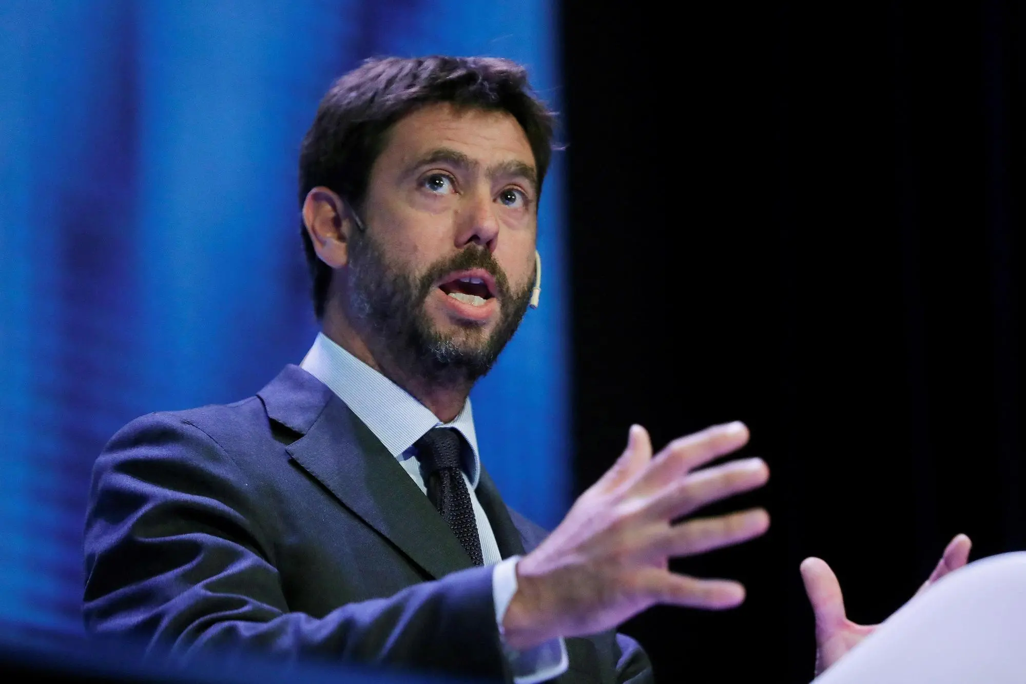 epa07042876 President of Juventus Turin, Andrea Agnelli, delivers his speech during the 3rd World Football Summit (WFS) taking place at the Teatro Goya in Madrid, Spain, 24 September 2018. The WFS will gather from 24 to 25 September influential people in the football industry aiming at discuss relevant topics and generate business opportunities. EPA/Juan Carlos Hidalgo