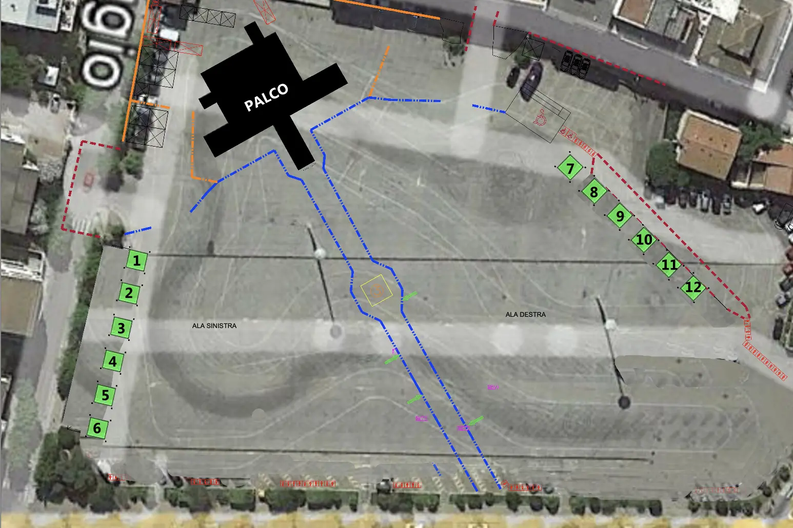 La mappa del Piazzale della Pace con le postazioni previste