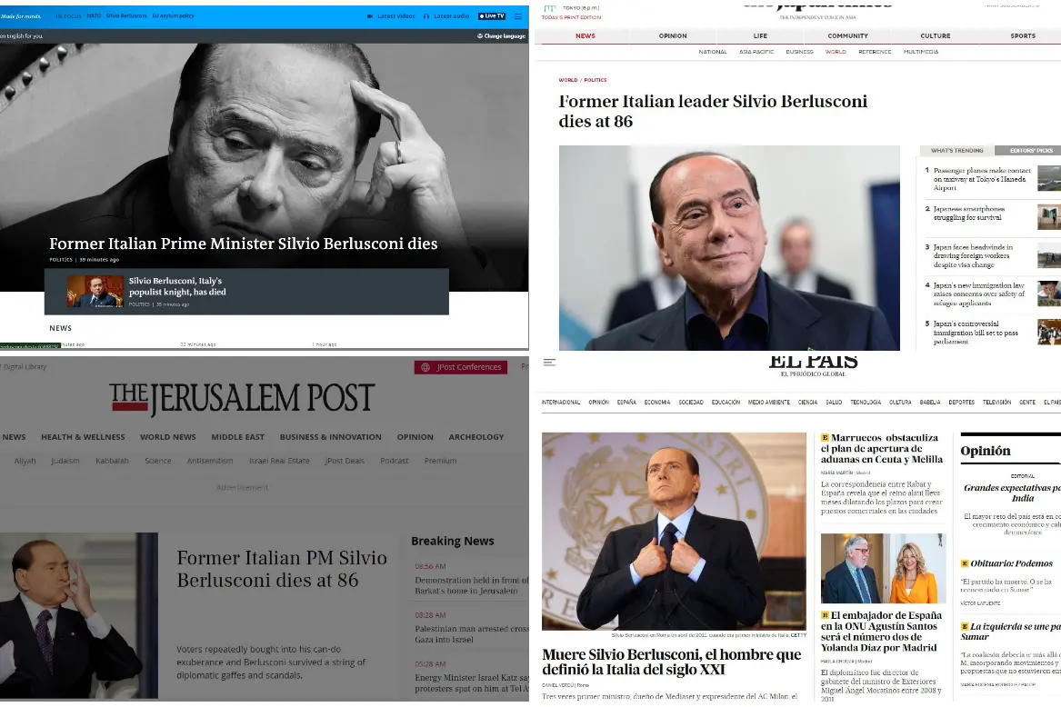 La notizia della morte di Berlusconi sulla stampa internazionale (foto via Ansa)