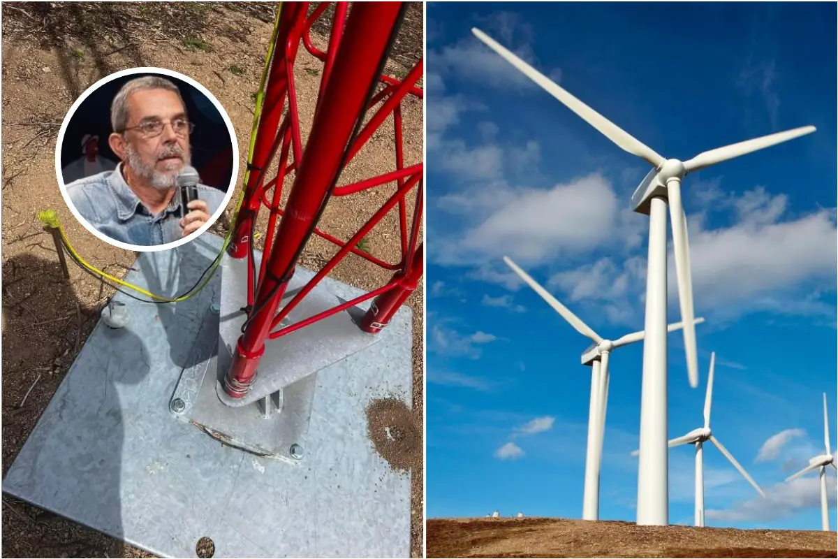 Un anemometro, pale eoliche e, nel tondo, Maurizio Onnis (L'Unione Sarda)