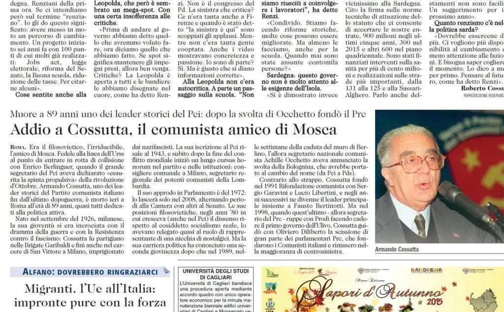 La notizia della morte su L'Unione Sarda