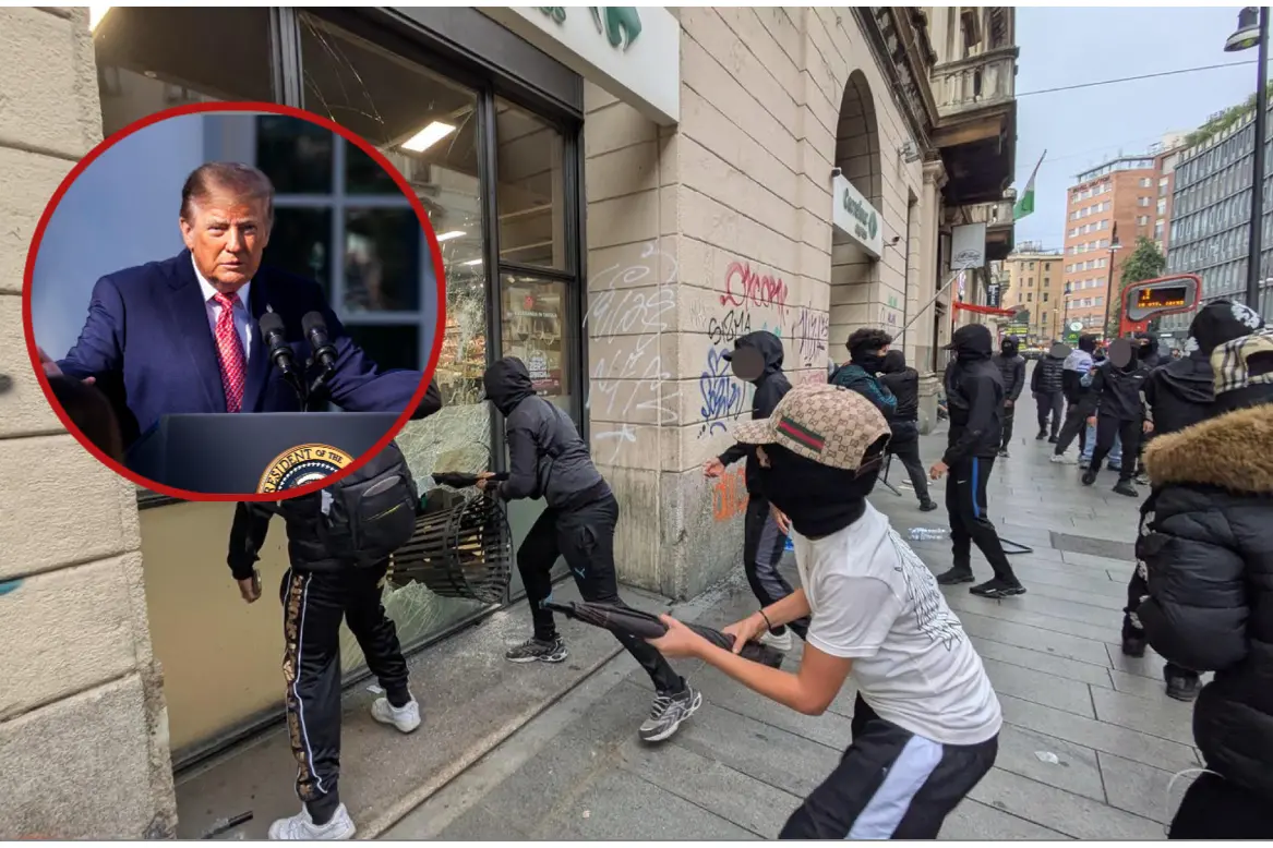 Disordini a Milano. Nel riquadro in alto a sinistra Donald Trump