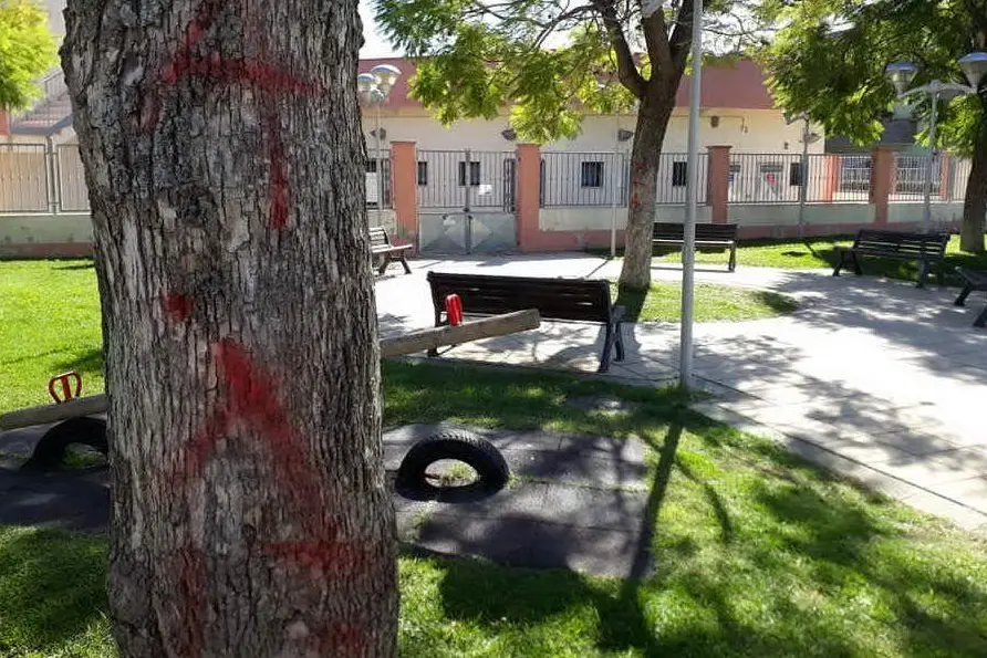 Piazza Sunda, un albero imbrattato con lo spray rosso (L'Unione Sarda - Melis)