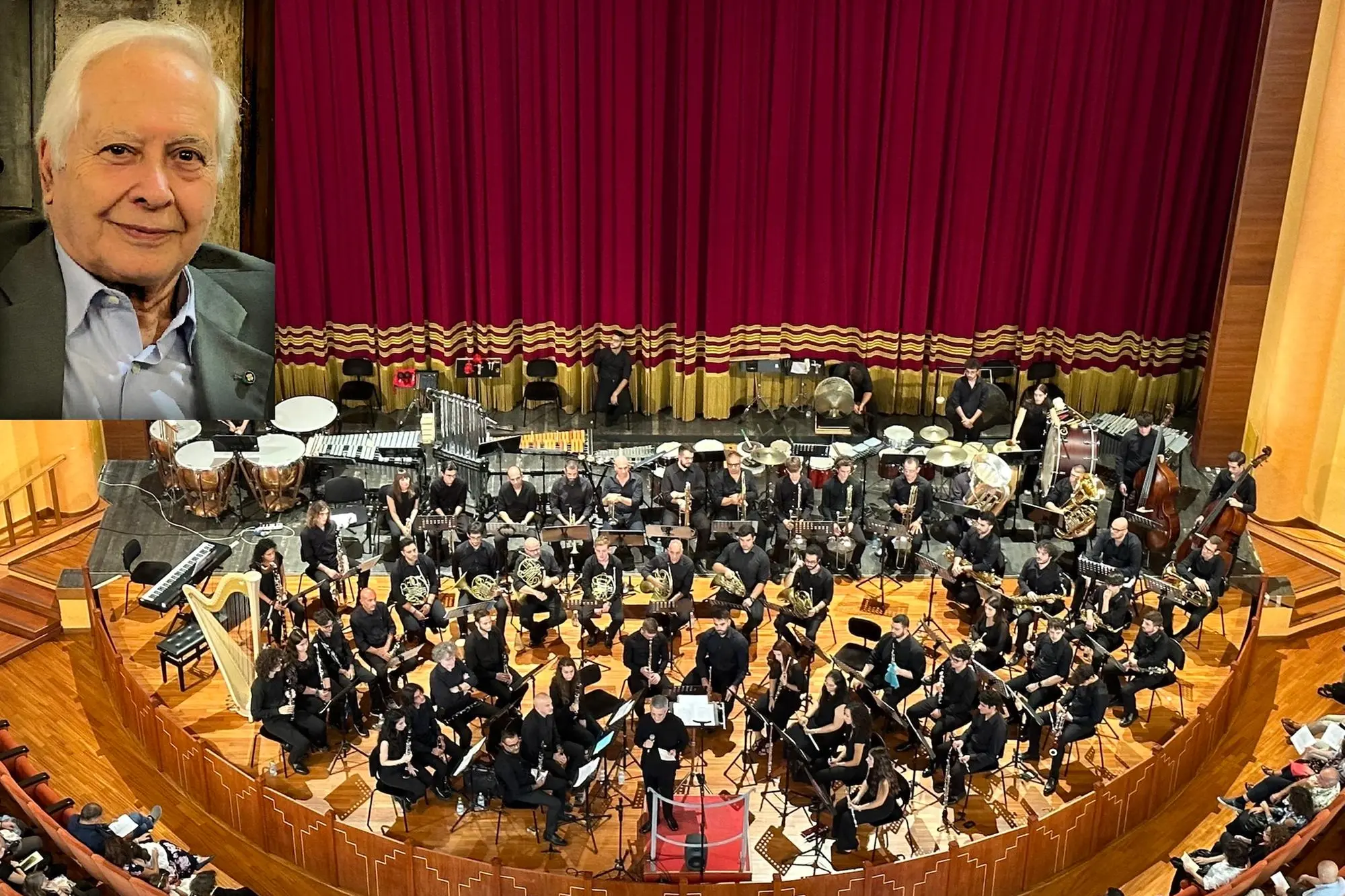 Il presidente della Fondazione Antonio Oggiano e l'Orchestra dei fiati del Conservatorio di Sassari (foto concesse)
