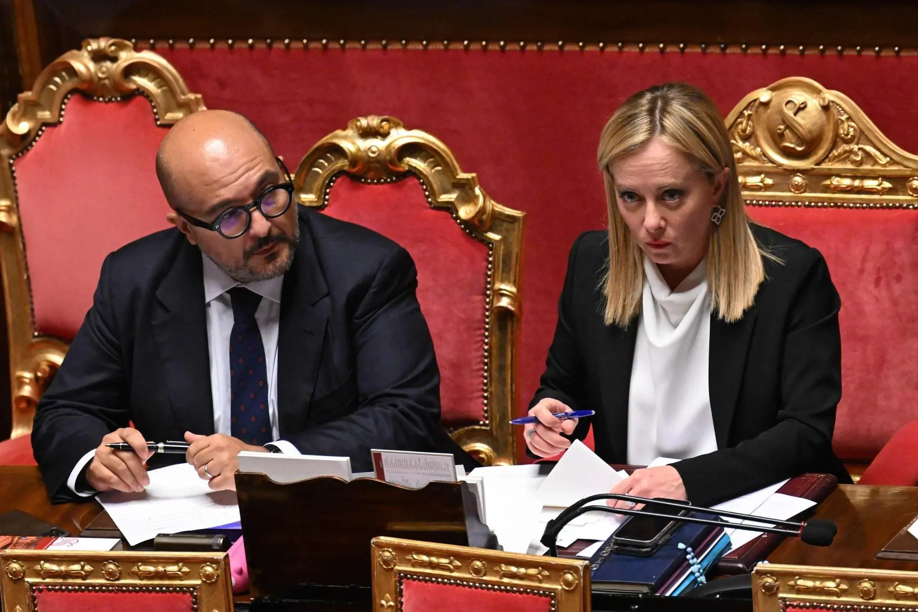 Il ministro Sangiuliano e la premier Meloni (Ansa)