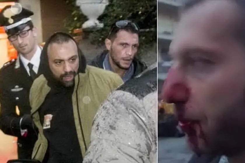 L'arresto di Spada, a destra il naso rotto del giornalista (foto L'Unione Sarda)