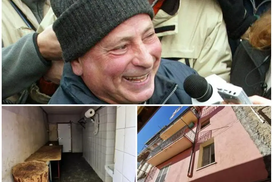 Graziano Mesina (Ansa) e due immagini della casa di Desulo dove era nascosto (L'Unione Sarda - Gual&agrave;)