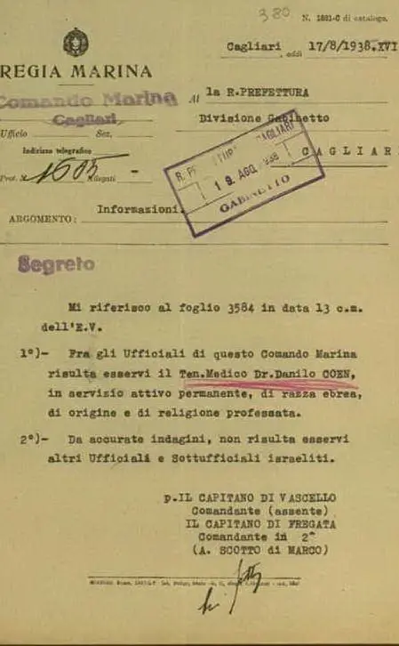 Il documento scovato dal Memoriale Sardo della Shoah di Cagliari (foto concessa)