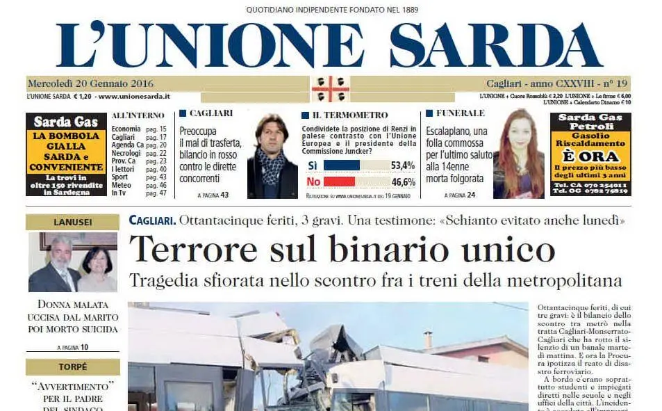Il racconto sulla prima pagina de L'Unione Sarda