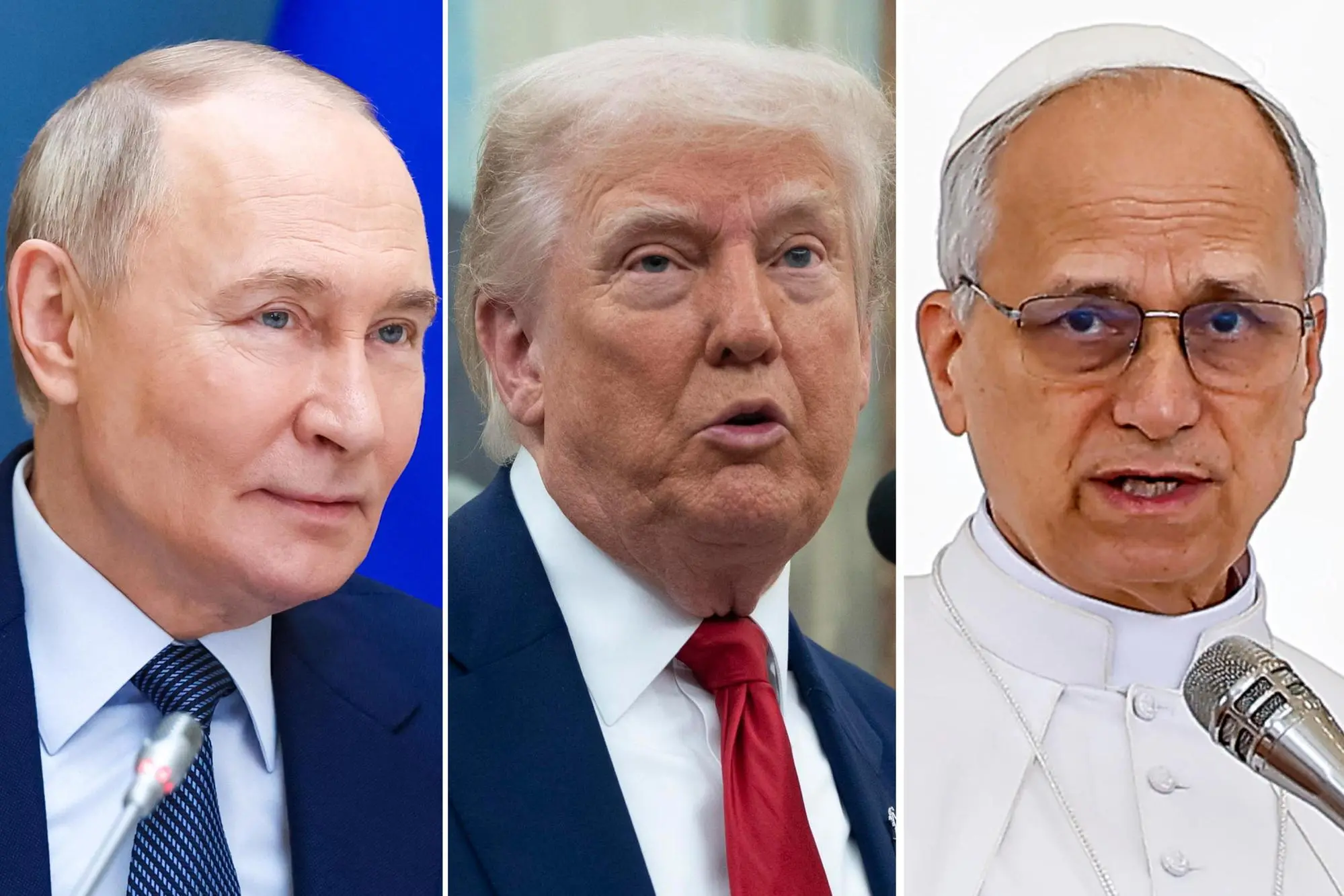 Nella combo, da sx Vladimir Putin, Donald Trump e Papa Leone XIV