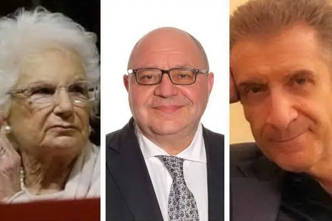 Liliana Segre, Ezio Greggio e, al centro, il sindaco di Biella