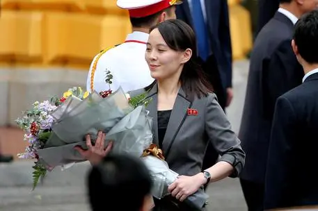 epa07406056 North Korea's leader Kim Jong-un's Sister Kim Yo Jong holds a bouquet of flowers during a welcoming ceremony at the Presidential Palace in Hanoi, Vietnam, 01 March 2019. EPA/LUONG THAI LINH / POOL