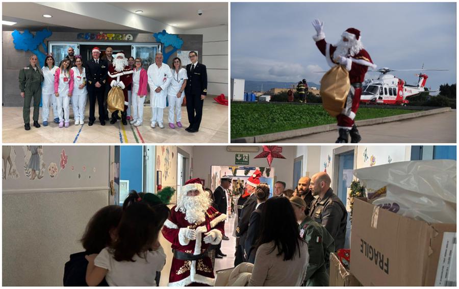 Cagliari, Babbo Natale arriva al Brotzu in elicottero: tanti doni per i piccoli pazienti