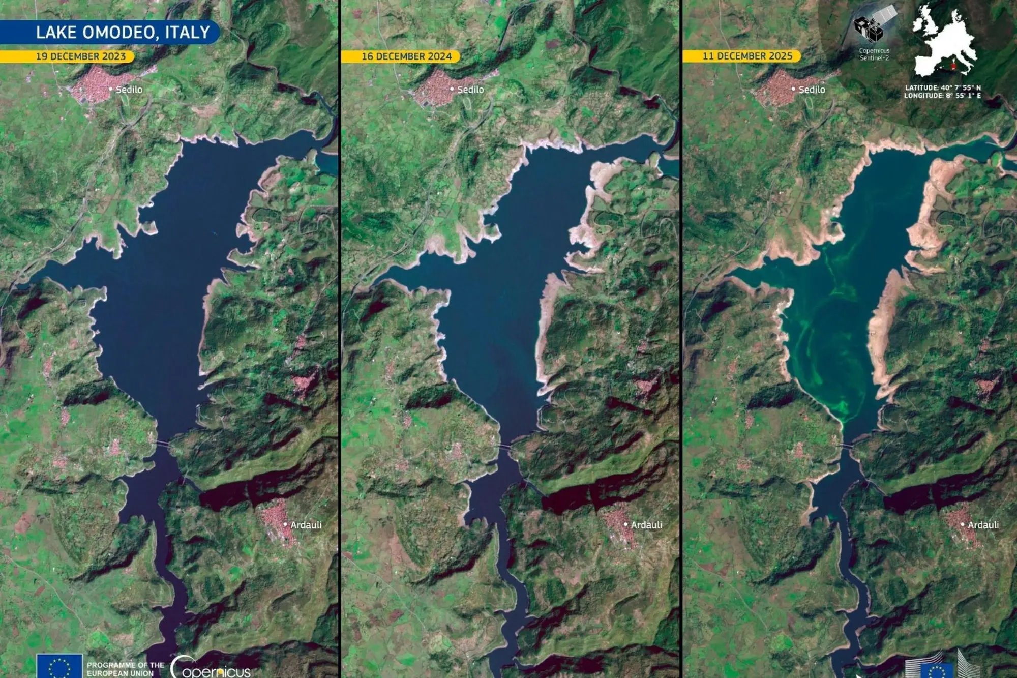 Foto dal satellite mostrano il lago Omodeo in Sardegna che si svuota (Fonte: Copernicus Eu)