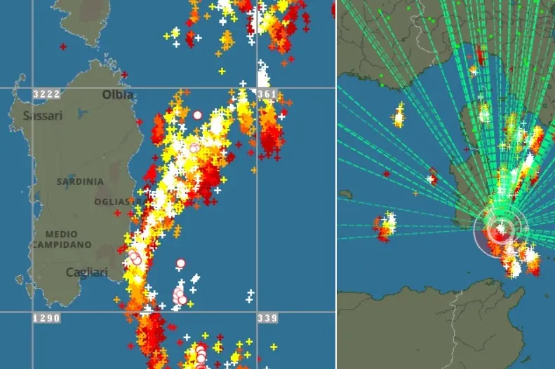 La mappa delle fulminazioni in Sardegna (Foto: Blitzortung)