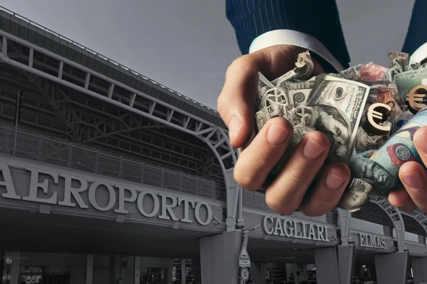 Immagine simbolica dell'aeroporto di Cagliari con gli affari a suon di dollari ed euro che incombono sull'aeroporto sardo (L'Unione Sarda)