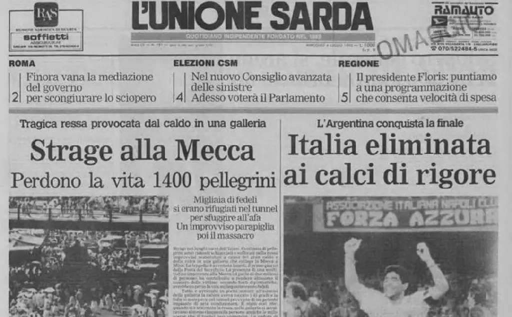 La prima pagina de L'Unione Sarda del 4 luglio 1990 (foto Piras)