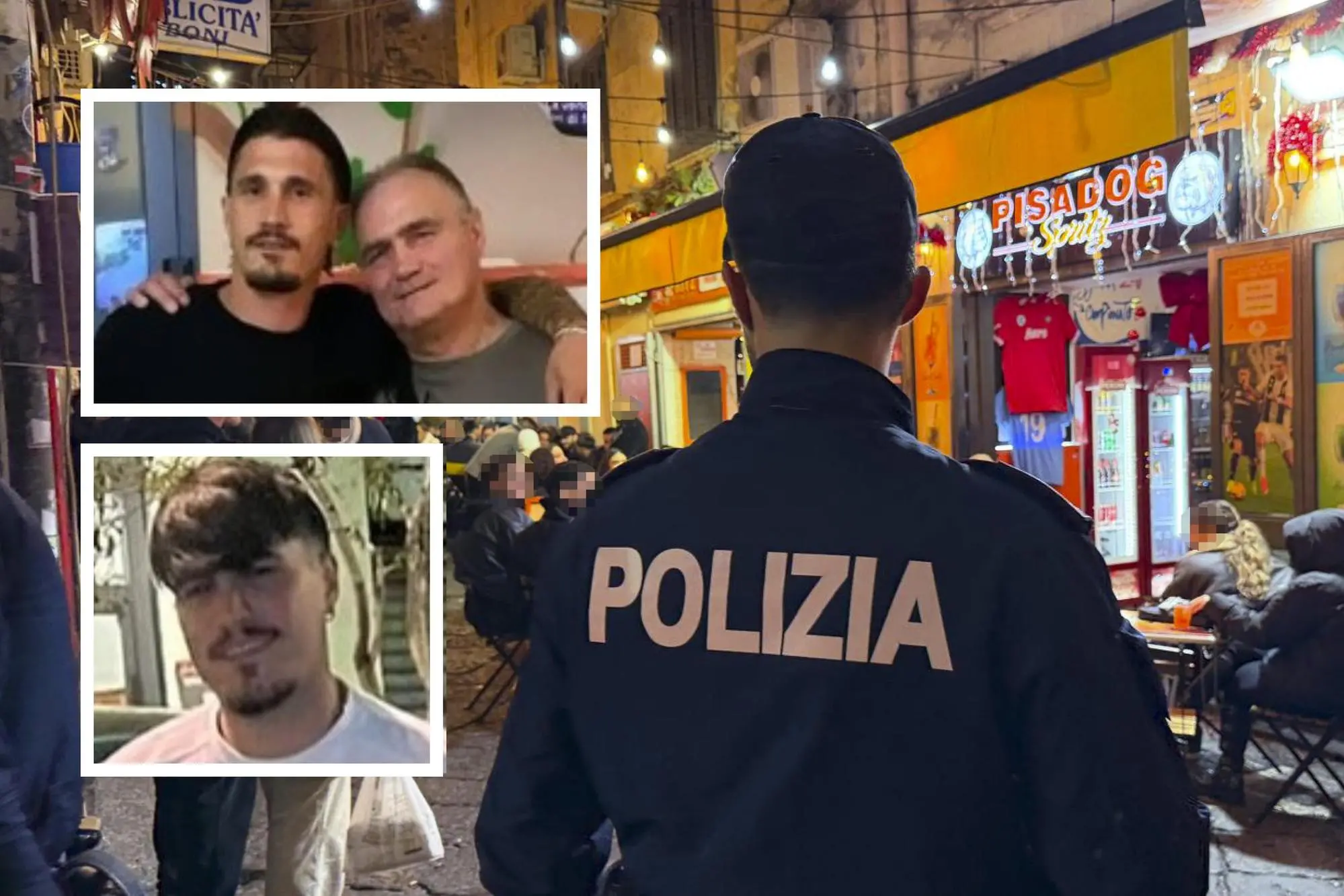 Il locale della famiglia Pisacane. Nei riquadri: Fabio, Andrea e, sotto, Gianluca (Ansa)