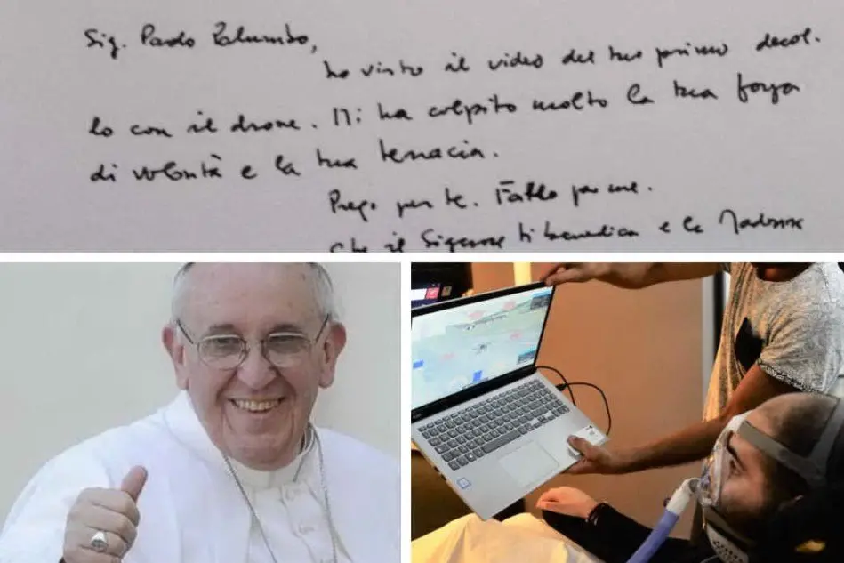 In alto la lettera del Papa. Sotto: il Santo Padre (Ansa). A destra Paolo Palumbo (Archivio L'Unione Sarda)