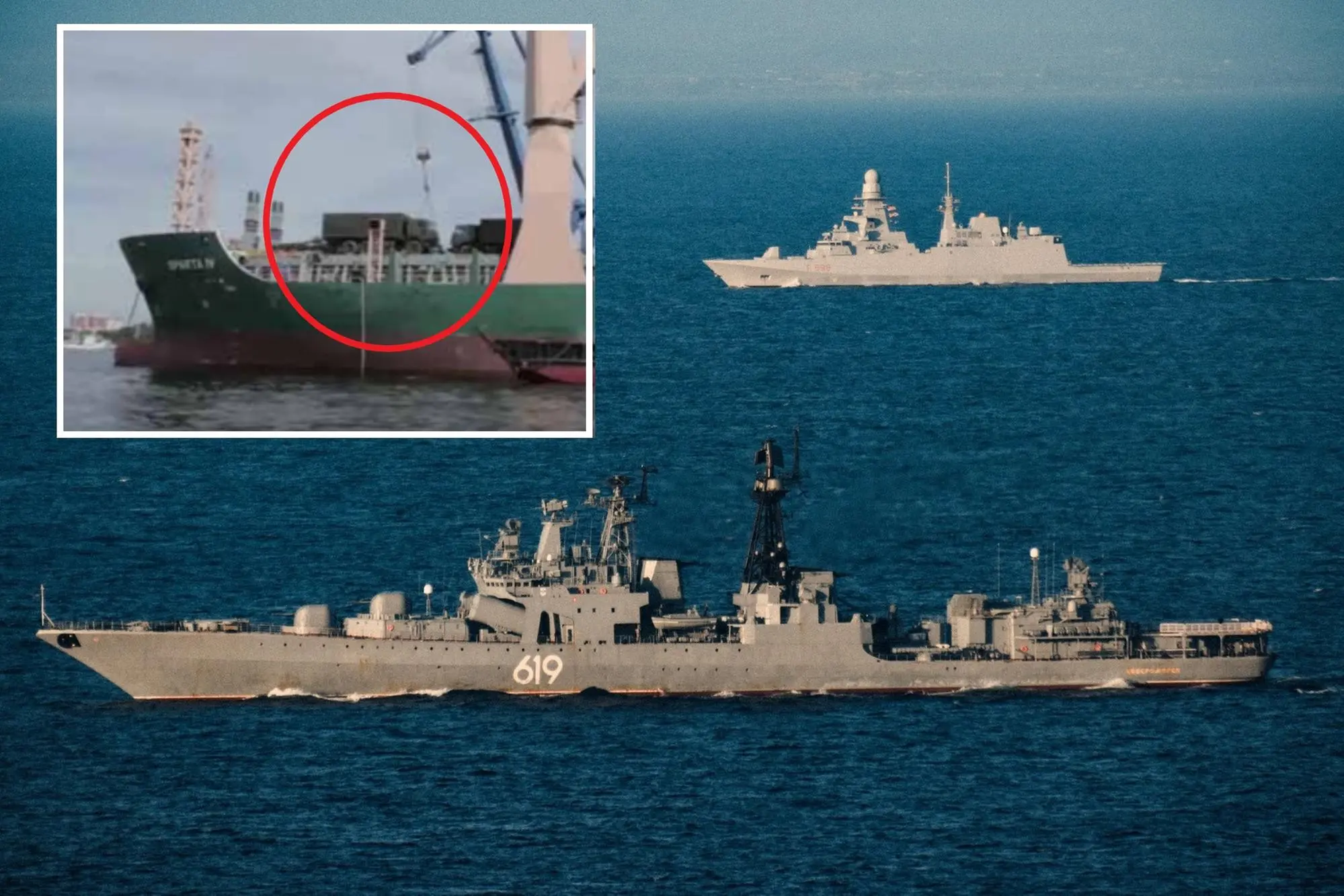 Nella foto grande il cacciatorpediniere russo affiancato dalla fregata italiana al largo della Sardegna. Nel riquadro: armamenti trasportati dalla Sparta IV (Foto: Nato)