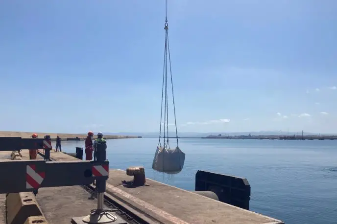 La rimozione del carbone nei findali del porto industriale (foto Pala)