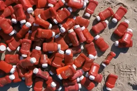 La spiaggia ricoperta da barattoli di ketchup (foto dai social)