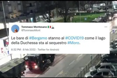 Le bare di Bergamo e il tweet di Tommaso Montesano (Ansa)