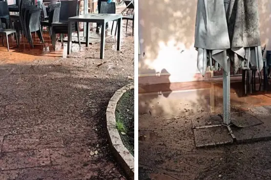 Guano sui tavoli e nella veranda del locale bar a Porto Torres (foto Pala)