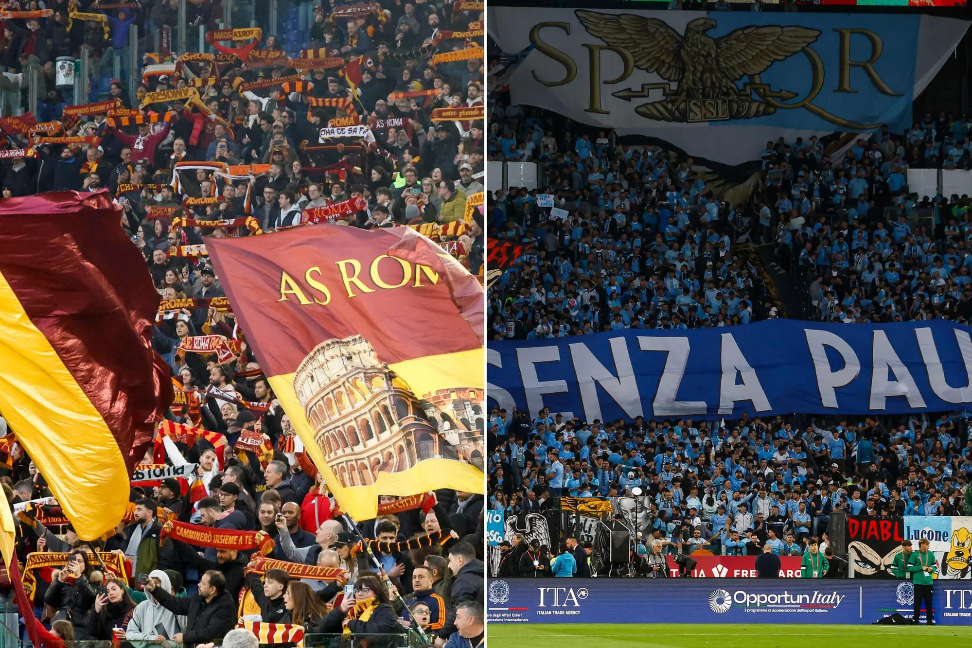 Tifoserie di Roma e Lazio, attese dal derby nella penultima giornata di Serie A (foto Ansa)