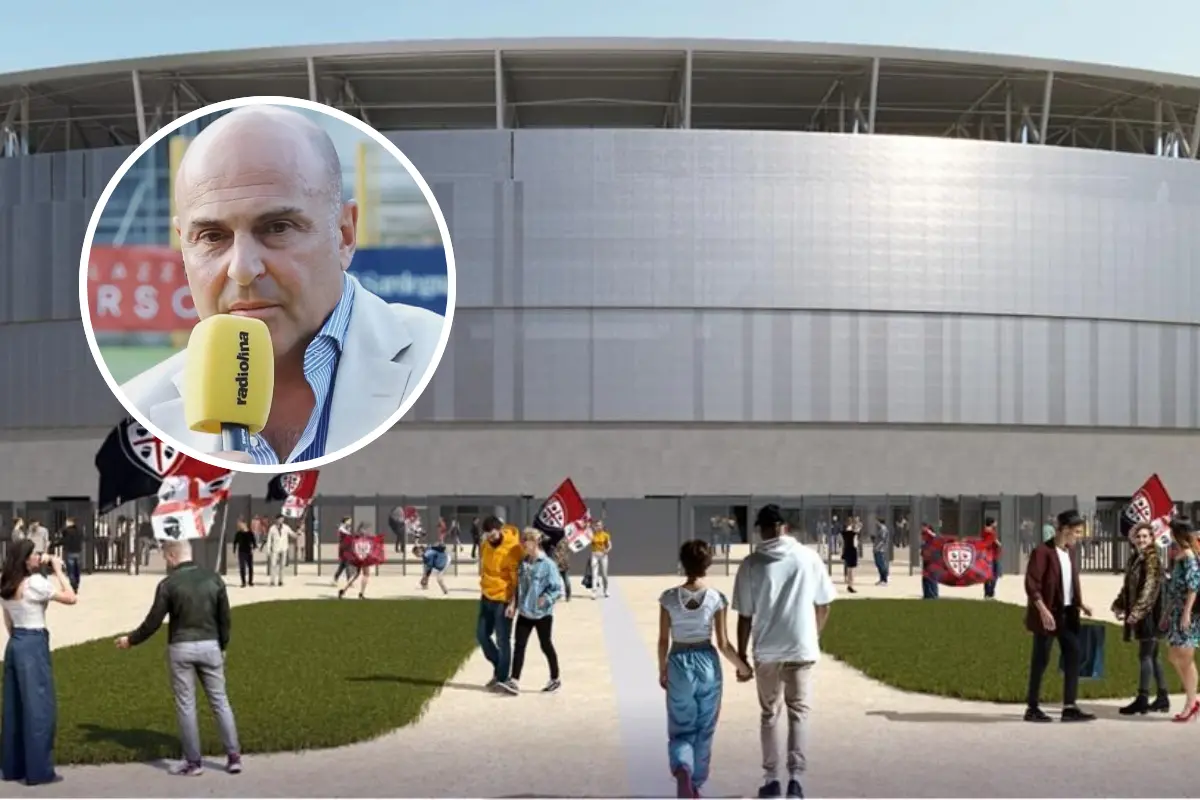 Il nuovo stadio e, nel tondo, il presidente del Cagliari Tommaso Giulini