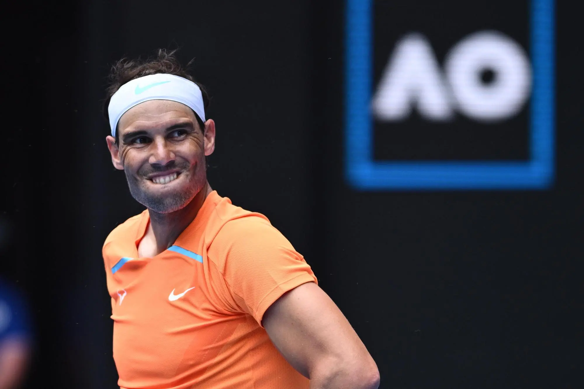 epa10408118 Rafael Nadal of Spain reacts during his Men's Singles 1st Round match against Jack Draper of Britain during the 2023 Australian Open tennis tournament at Melbourne Park in Melbourne, Australia, 16 January 2023. EPA/JOEL CARRETT AUSTRALIA AND NEW ZEALAND OUT