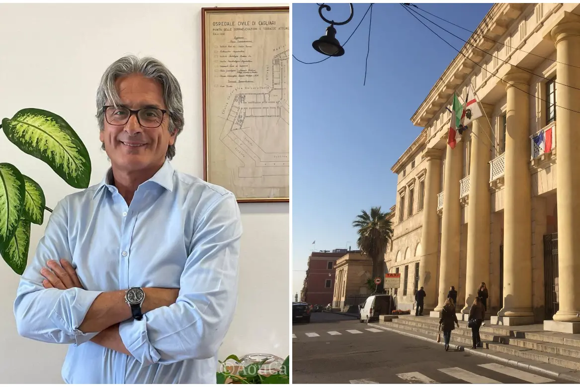 Vincenzo Serra (foto Aou Cagliari), a destra l'ospedale San Giovanni di Dio a Cagliari